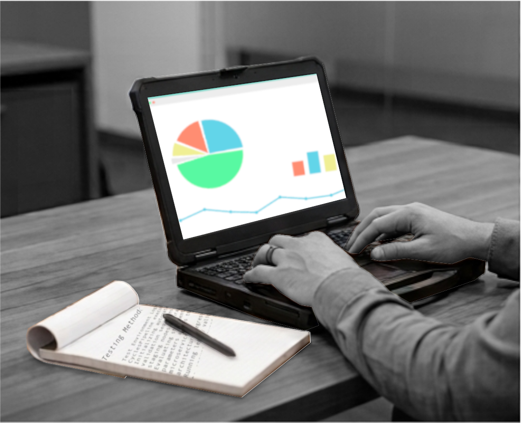 A laptop showing reporting output beside a notepad headed "Testing Method"
