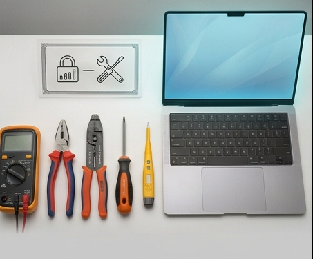 Electrician's tools — multimeter, pliers, screwdriver and voltage tester — laid out beside a laptop