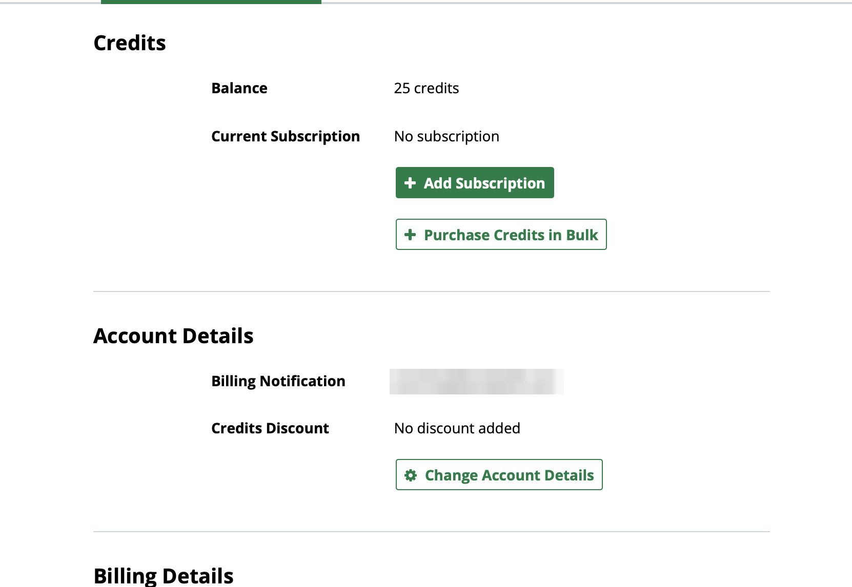 AutoEntry Credits page on 12 September 2026: twenty-five trial credits, no subscription, and the two ways to buy more