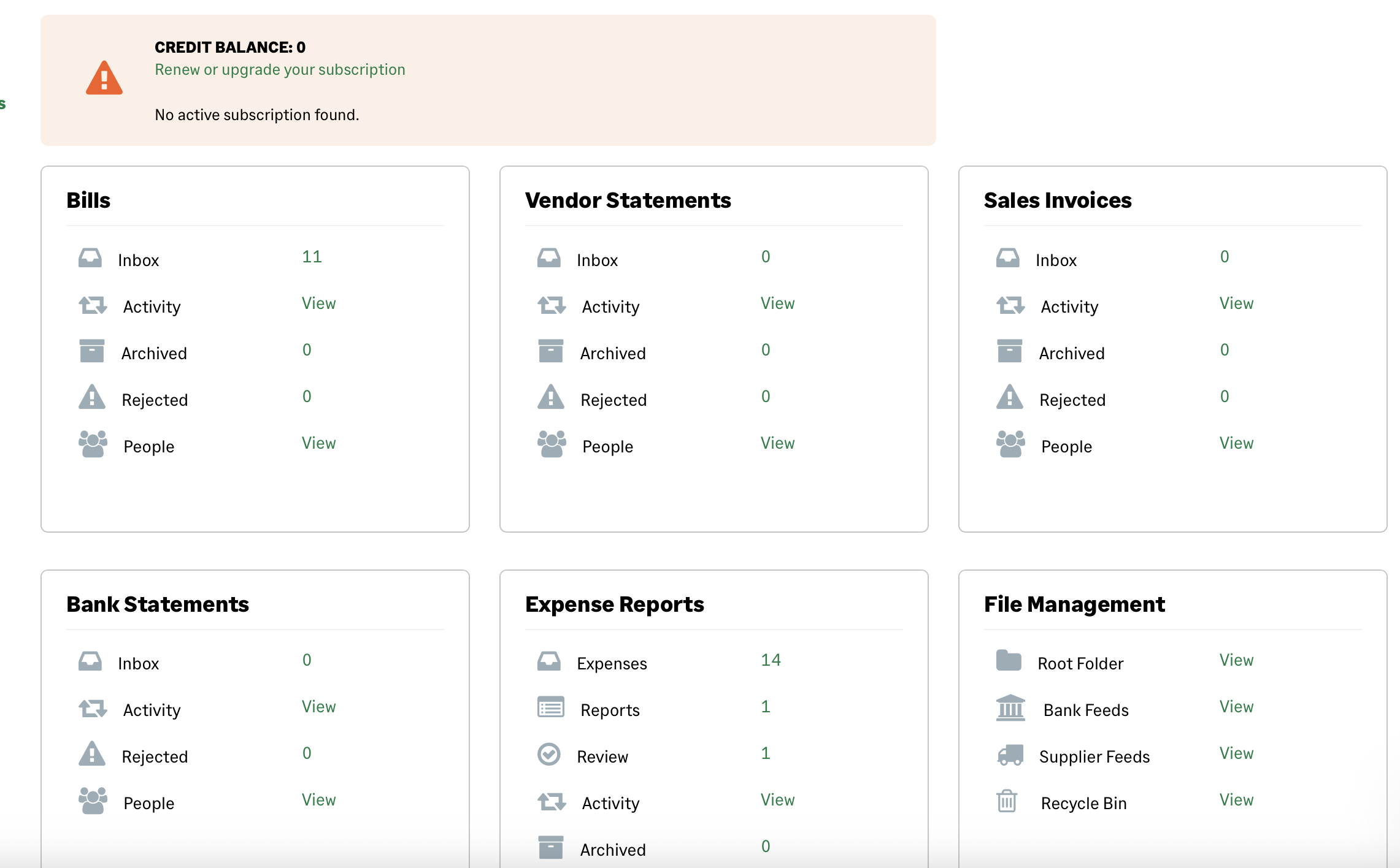 AutoEntry dashboard on 12 September 2026: credit balance zero, no active subscription, eleven documents in Bills and fourteen in Expenses